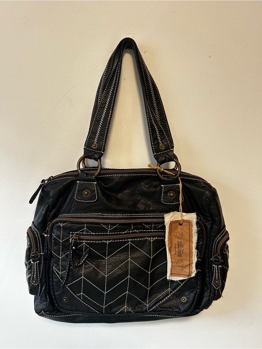 Nine West Vintage Black Quilted Chevron Shoulder Tote with Contrast Stitching